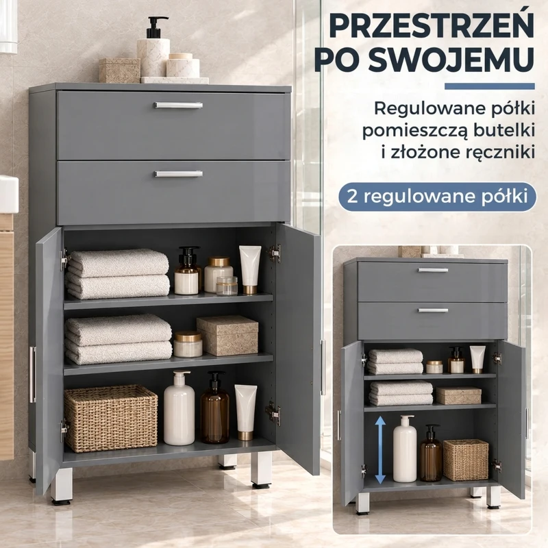 kleankin Szafka łazienkowa, komoda do łazienki, 2 szuflady, regulowana półka, drewno, szara