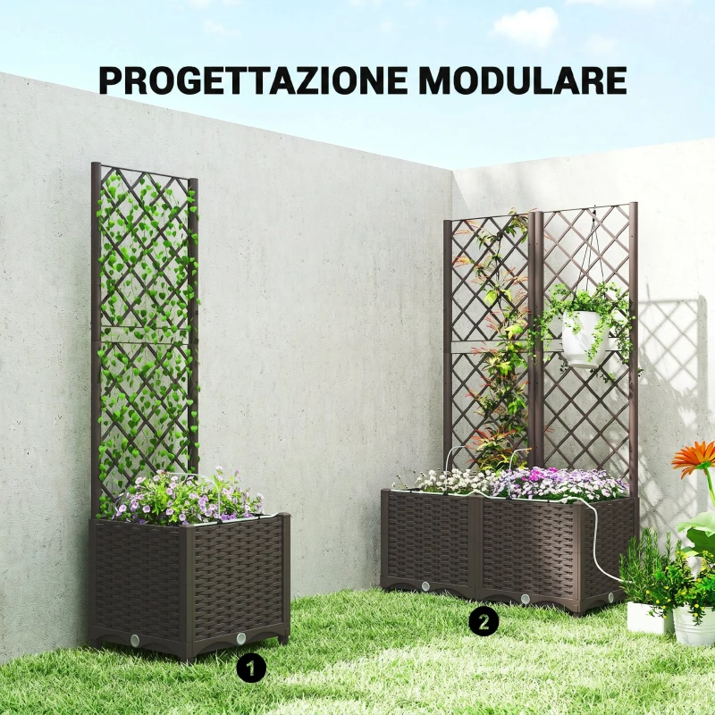 Outsunny Set 2 Orti Rialzati da Esterno con Grigliato, Sistema Irrigazione, Timer, Serbatoio d'Acqua 80x40x136cm Marrone