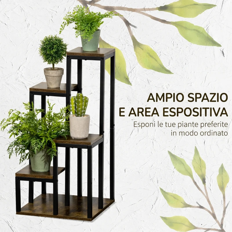 Outsunny Scaffale Porta Piante a 4 Livelli, 40x40x81 cm, per Interni Esterni, Giardino Balcone, Marrone Rustico