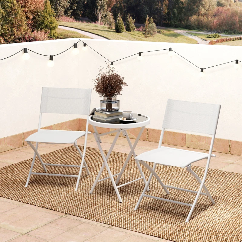 Outsunny 3 Pieces Outdoor Bistro Set, Glass Top Outdoor Table and 2 Folding Chairs with Protecting Feet, White
