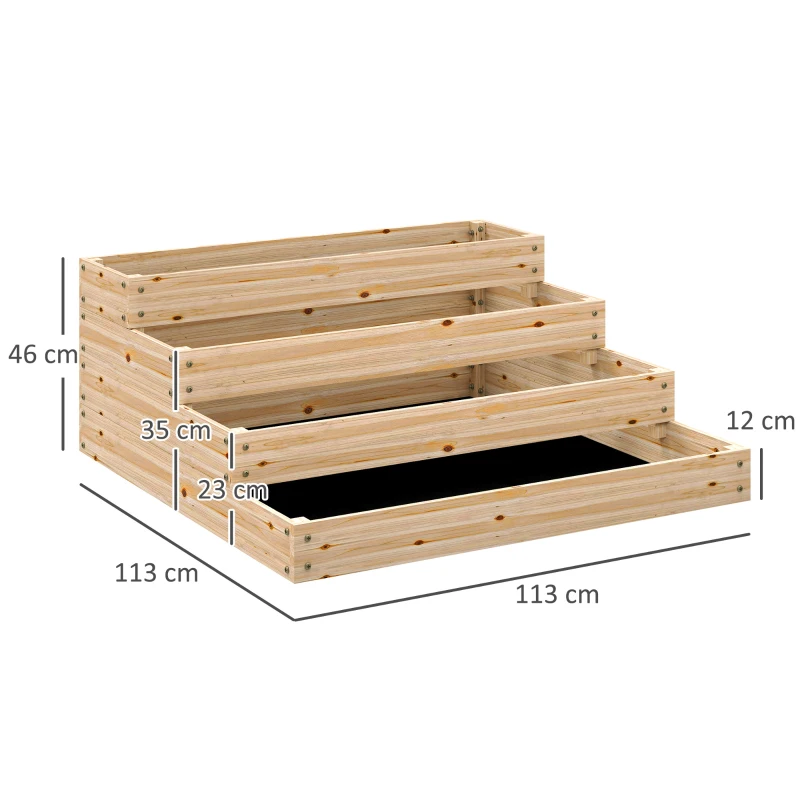 Outsunny Letto per Orto Rialzato a 4 Livelli in Legno di Abete con Fondo Aperto, 113x113x46 cm, Color Legno