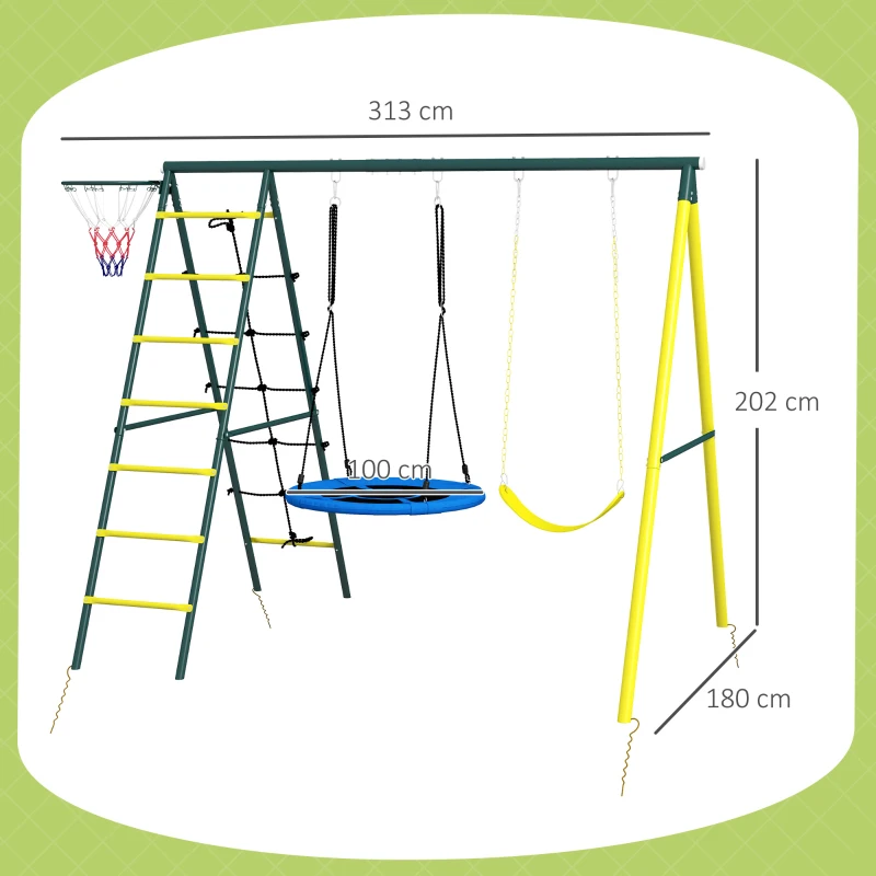 Outsunny Kinderschaukel-Gerüst mit 2 Schaukeln, Basketballkorb, Kletterleiter, 267x180x202 cm, Gelb