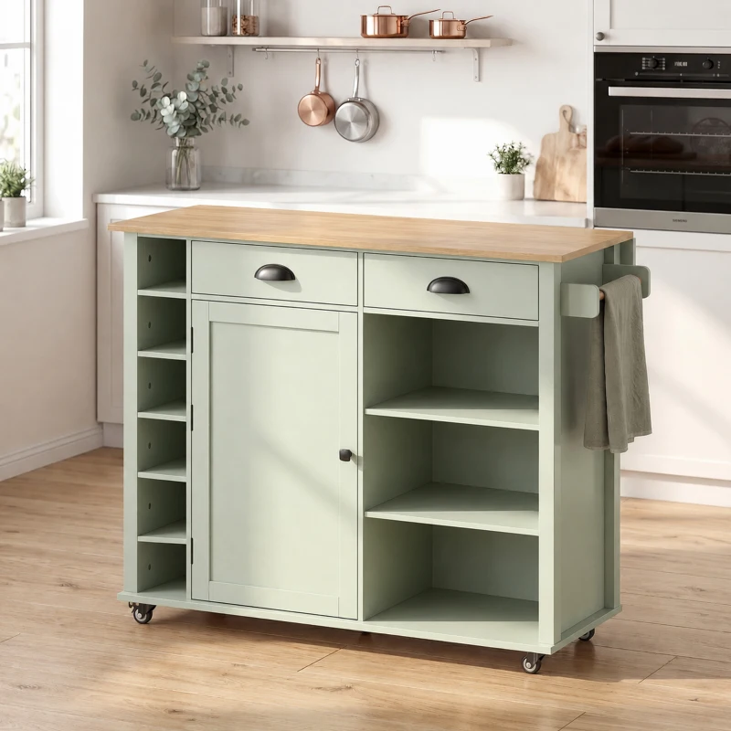 HOMCOM Ilha de Cozinha com Rodas Tampo Rebatível Suporte para Especiarias Prateleiras na Porta Armário 2 Gavetas 117,5x70x91 cm Verde Claro
