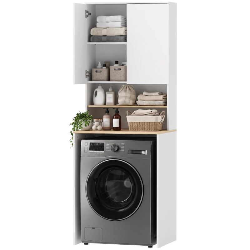 HOMCOM Wasmachinekast met verstelbare legplank en 2 deuren, wit/eiken