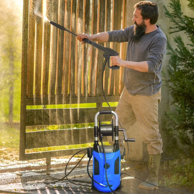Outsunny 1800W High Pressure Washer, 150 Bar Pressure, 420 L/h Flow, Portable Power Washer Jet Wash Cleaner with Adjustable Nozzle, 6M Hose, Hose Reel, Steel Handle for Home Patio Car Driveway, Blue