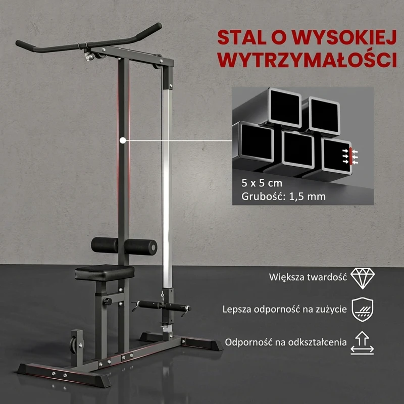 Atlas HOMCOM z kołem pasowym regulowanym siedziskiem i kilkoma pozycjami linek do wzmacniania mięśni urządzenie treningowe fitnessu w domu stal kolor czarny 180 x 183 x 219 cm