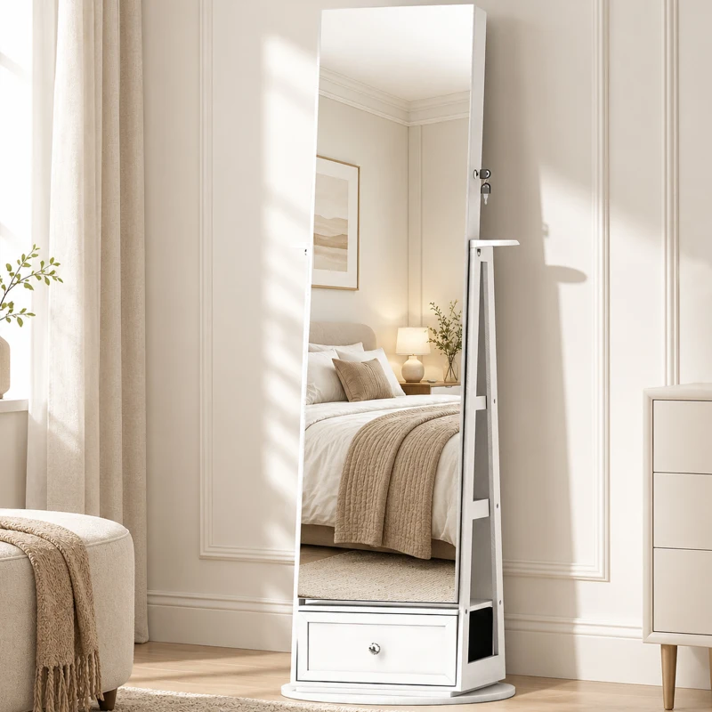 HOMCOM Espelho de Pé Giratório 360° com Espelho com Interior Iluminado Organizador de Jóias com Prateleiras e Gavetas 56x56x164 cm Branco