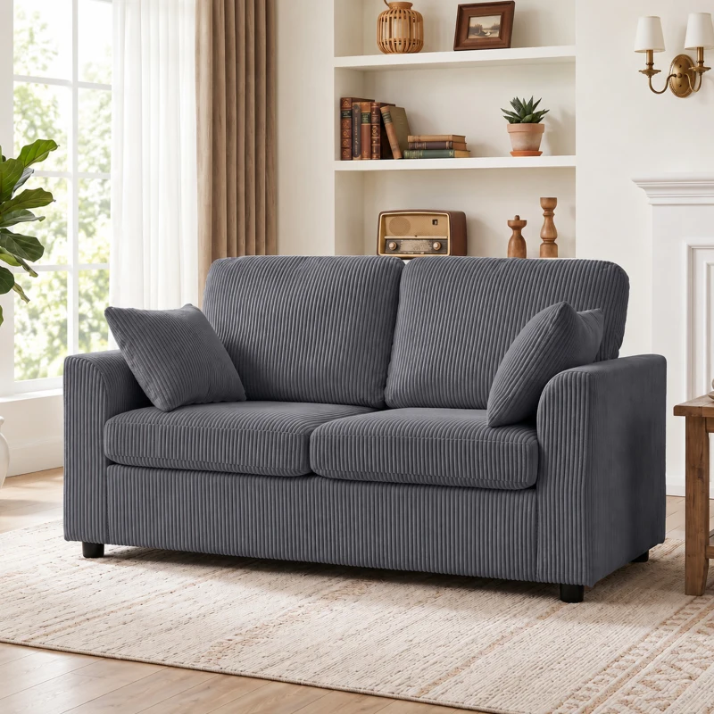 HOMCOM 2 Seater Sofa, Corduroy Small Couch with Spring Cushion, Wide and Deep Seat, Dark Grey