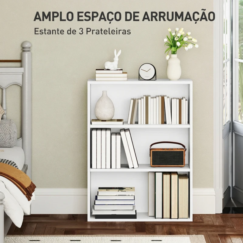 HOMCOM Estante de 3 Níveis Estante para Livros com 2 Prateleiras Ajustáveis para Sala de Estar Escritório Quarto 60x24x80 cm Branco
