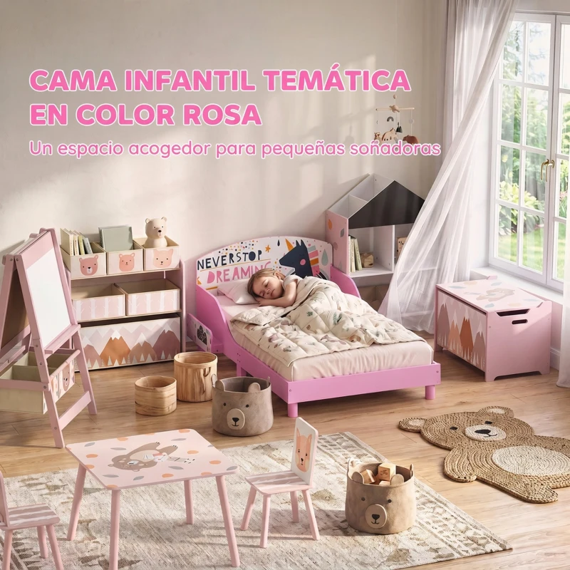 AIYAPLAY Cama Infantil con Almacenaje 70x140 cm Cama Montessori con Barandillas Tema de Superniña 3-8 Años Rosa