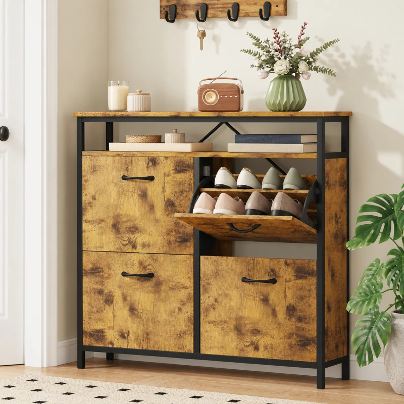 HOMCOM Zapatero Estrecho con 4 Cajones Abatibles Estante Abierto Estantes Ajustables y Encimera 12-20 Pares Marrón Rústico