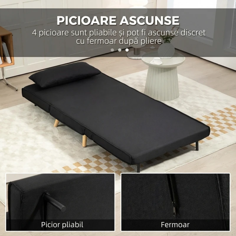 HOMCOM Fotoliu Pat 3 în 1 cu Spătar Reclinabil în 6 poziții, din material textil, 94x78x80 cm, negru(m-6)