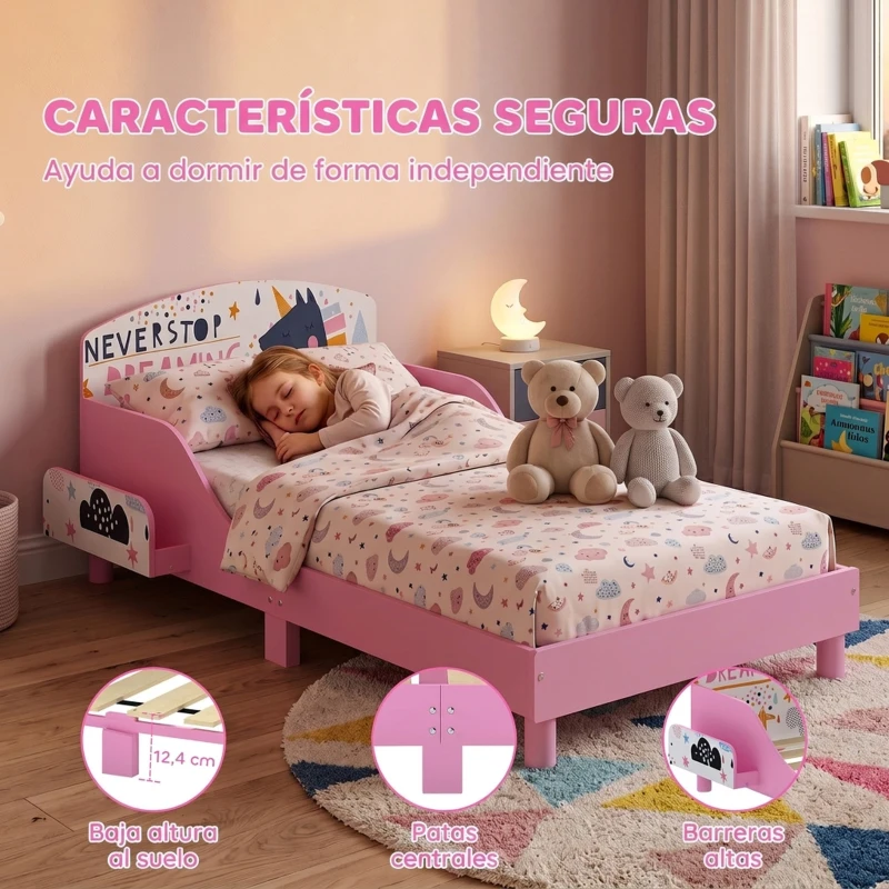 AIYAPLAY Cama Infantil con Almacenaje 70x140 cm Cama Montessori con Barandillas Tema de Superniña 3-8 Años Rosa