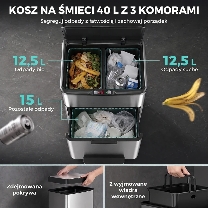 HOMCOM Kosz z czujnikiem 40 l, 3 komory (2 x 12,5 l + 15 l), Soft-Close i funkcja otwarcia, srebrny