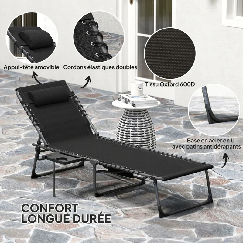 Outsunny Bain de soleil pliante dossier réglable sur 4 niveaux, plateau, appuie-tête, poche latérale 60 x 190 x 31 cm, noir