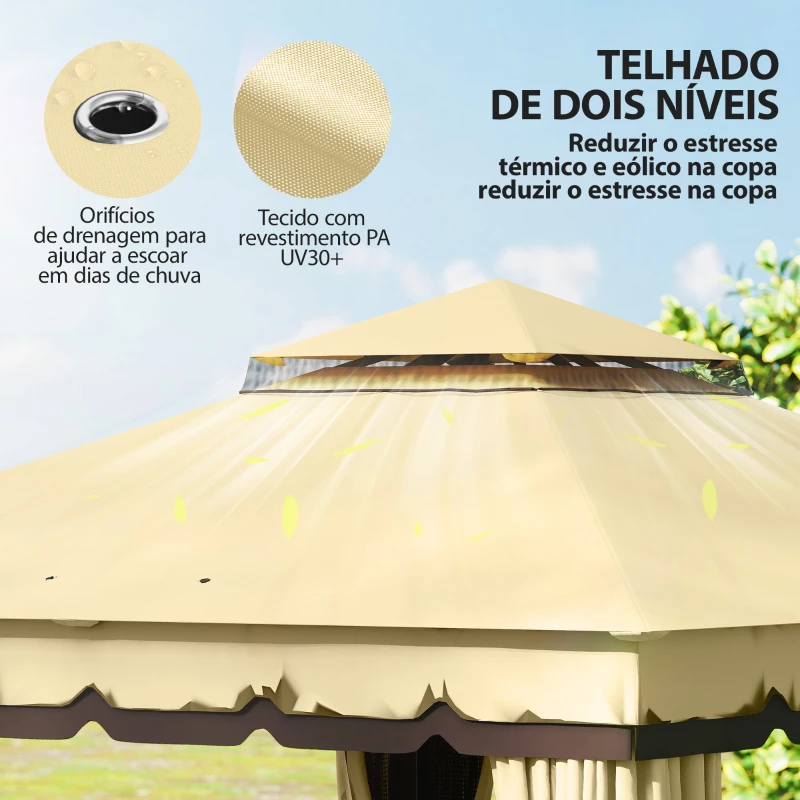 Outsunny Pérgola de Jardim 3,7x3 m com Teto Duplo 4 Cortinas e Mosquiteira Estrutura em Aço Orifícios de Drenagem UV30+ Bege