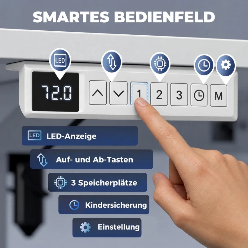 HOMCOM Elektrischer Stehschreibtisch höhenverstellbar mit LCD-Display, Kabeldurchführungen & Haken, Weiß