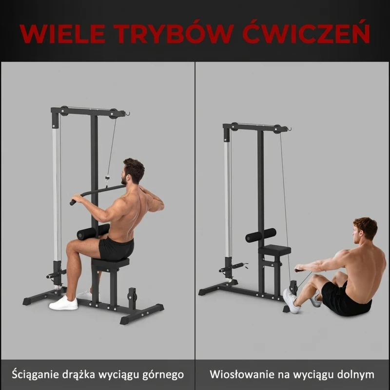 Atlas HOMCOM z kołem pasowym regulowanym siedziskiem i kilkoma pozycjami linek do wzmacniania mięśni urządzenie treningowe fitnessu w domu stal kolor czarny 180 x 183 x 219 cm