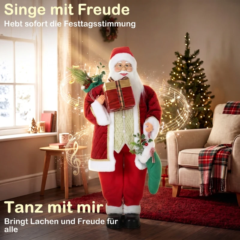 HOMCOM 120 cm singender Weihnachtsmann, stehende animierte Weihnachtsfigur mit Strumpf, Sack, per Sound/Berührung aktiviert