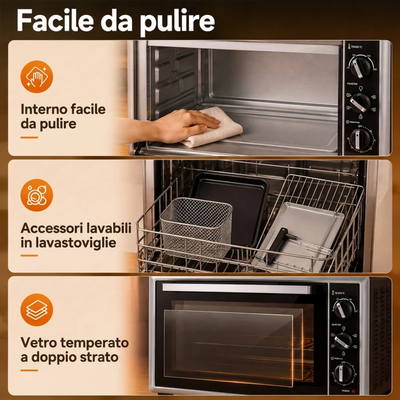 HOMCOM Forno Elettrico Ventilato 32L 1500W, Temperatura Regolabile 90-230°, 6 Modalità di Cottura, Porta in Vetro
