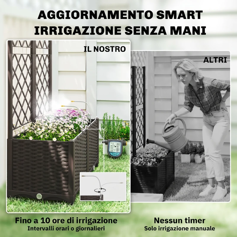 Outsunny Set 2 Orti Rialzati da Esterno con Grigliato, Sistema Irrigazione, Timer, Serbatoio d'Acqua 80x40x136cm Marrone