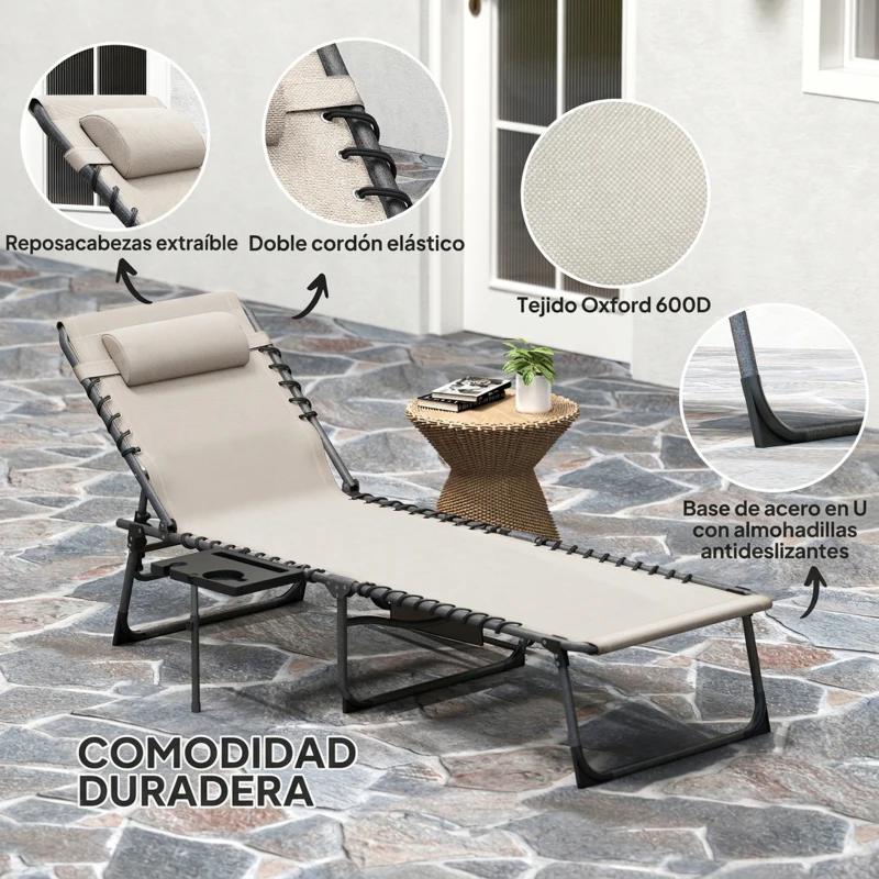 Outsunny Tumbona Plegable con Respaldo Ajustable Reposacabezas Bolsillo Lateral Bandeja y Estructura de Acero 190x60x31 cm Crema