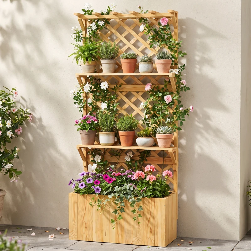 Outsunny 52L Wooden Planter, with Trellis and Shelves - Natural Finish