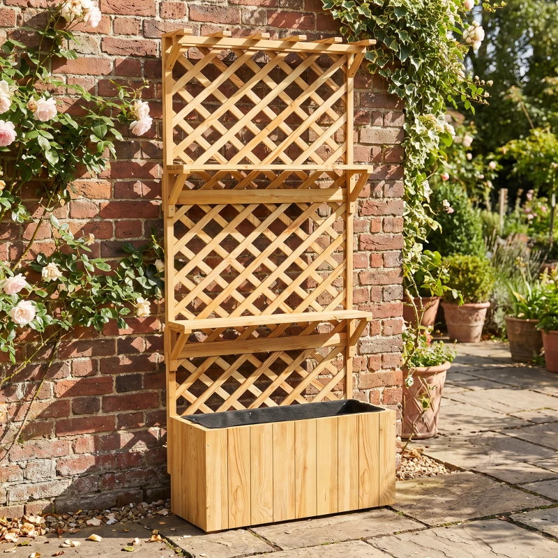 Outsunny Fioriera con Traliccio per Rampicanti, Fori di Drenaggio e 2 Mensole, in Legno di Abete, 76x33x177 cm