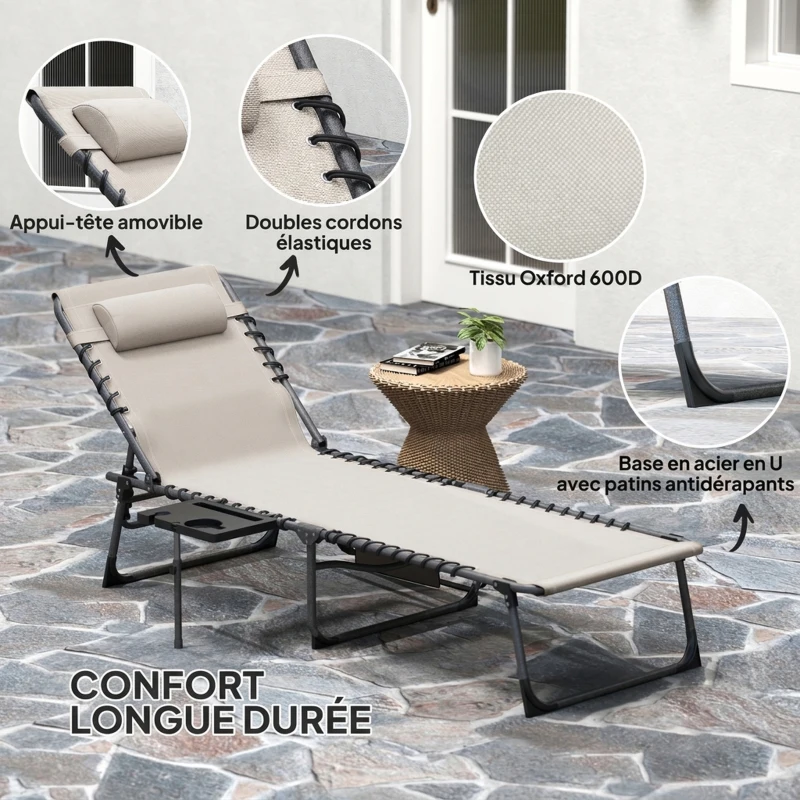Outsunny Bain de soleil pliante dossier réglable sur 5 niveaux, plateau, appuie-tête, poche latérale 60x190x31cm, crème