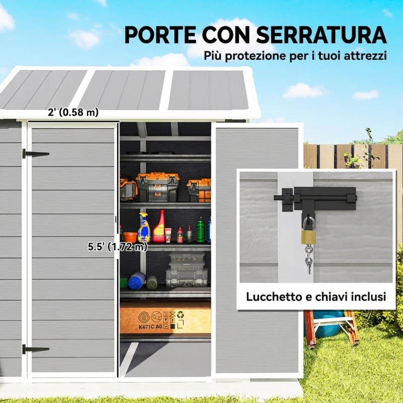 Outsunny Casetta da Giardino in Resina con Pavimento, 2 Porte con Blocco, Finestra, 1.8x1.8m, Grigio