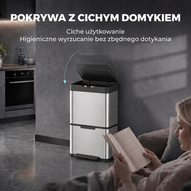 HOMCOM Kosz z czujnikiem 40 l, 3 komory (2 x 12,5 l + 15 l), Soft-Close i funkcja otwarcia, srebrny