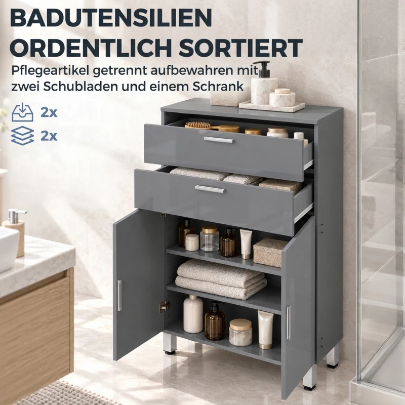 kleankin Badkamerkast, badkamercommode met 2 lades, verstelbare plank, hout, grijs