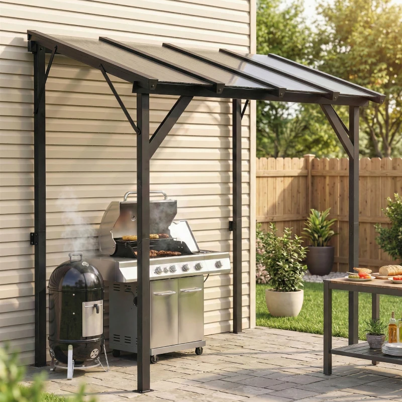 Outsunny Carpa Barbacoa 2,4x1,5 m con Techo de Policarbonato Diseño Adosado Estructura de Metal y Aluminio para Exterior Gris