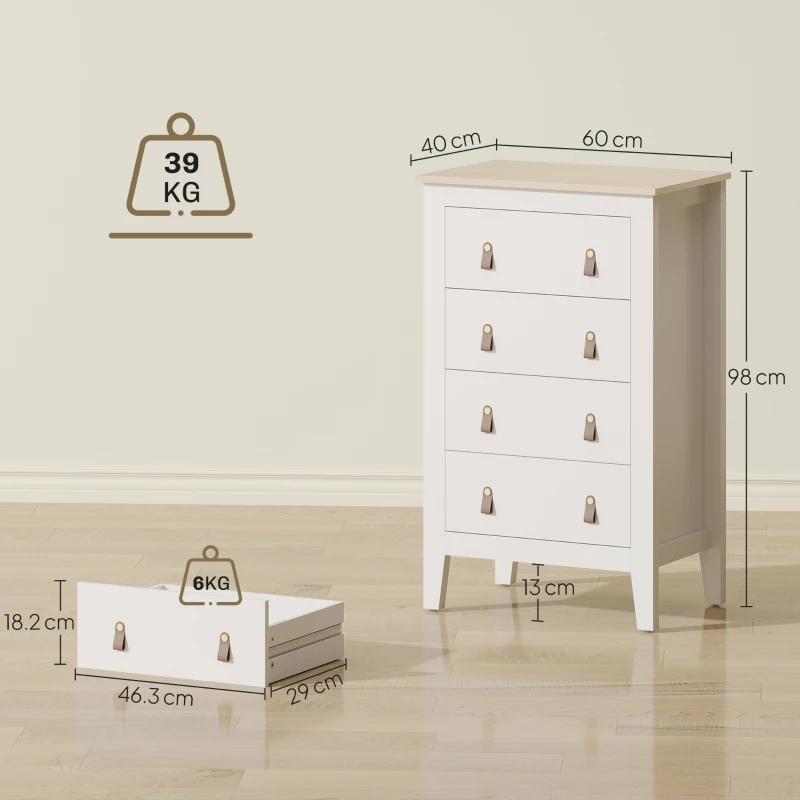 HOMCOM Bedroom Chest of Drawers, Modern 4 Drawer Dresser Cabinet with PU Leather Handles and Metal Runners for Living Room, Hallway, Entryway, 60 x 40 x 98 cm, White