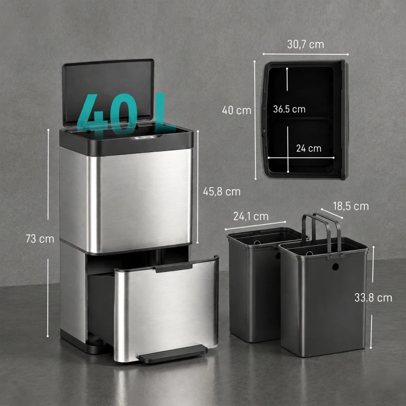 HOMCOM 40L sensorprullenbak, 3 vakken (2 x 12,5L + 15L), met soft-close en openstandfunctie, zilver