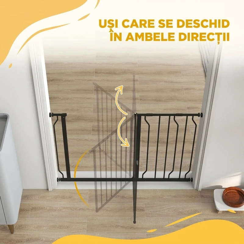 PawHut Poartă de Siguranță Extensibilă pentru Câini 75-115 cm, Înălțime 76 cm, Fără Găurire, Negru