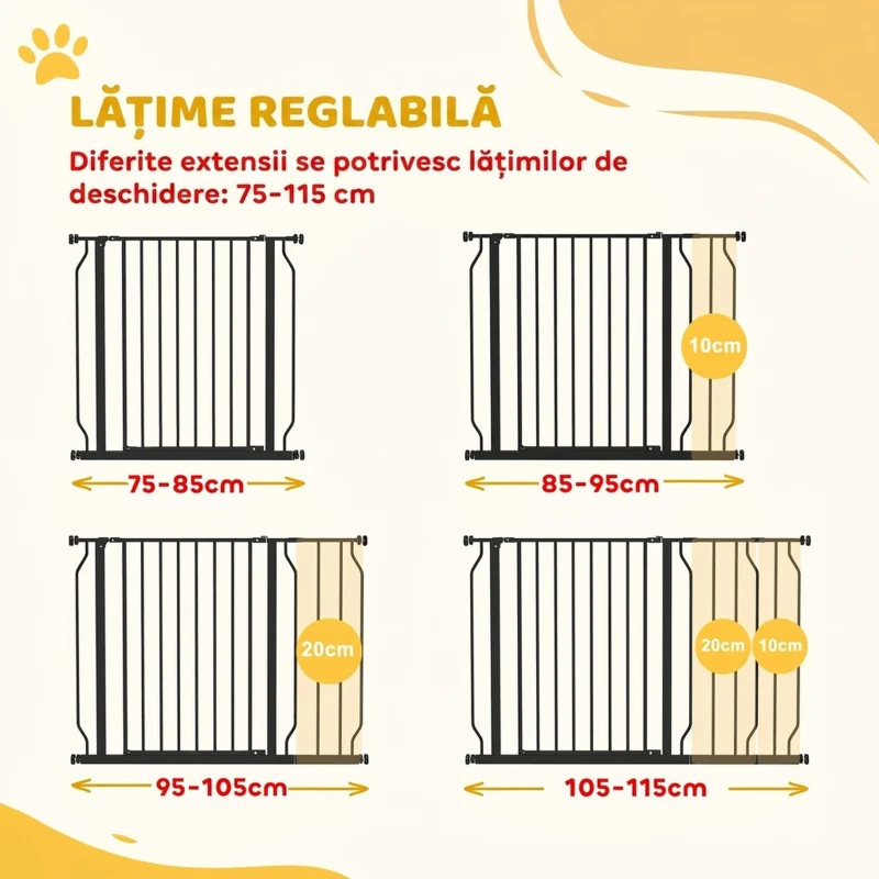 PawHut Poartă de Siguranță Extensibilă pentru Câini 75-115 cm, Înălțime 76 cm, Fără Găurire, Negru