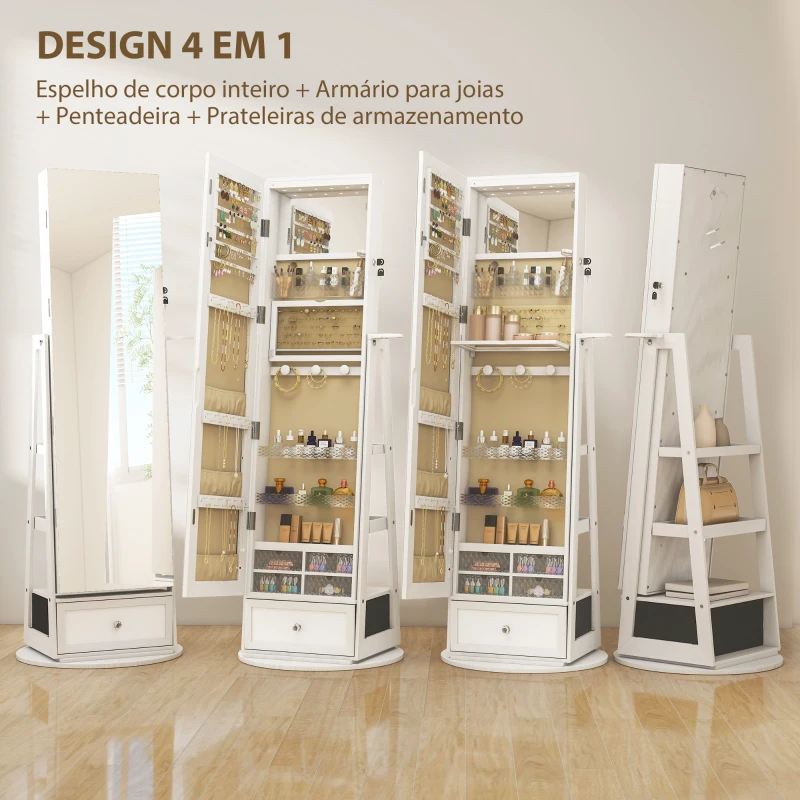 HOMCOM Espelho de Pé Giratório 360° com Espelho com Interior Iluminado Organizador de Jóias com Prateleiras e Gavetas 56x56x164 cm Branco