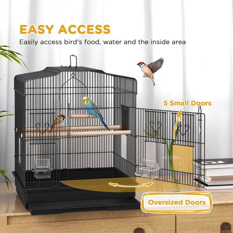 PawHut Large Metal Bird Cage with Perches, Food Bowls, Swing, for Budgies, Finches, Black