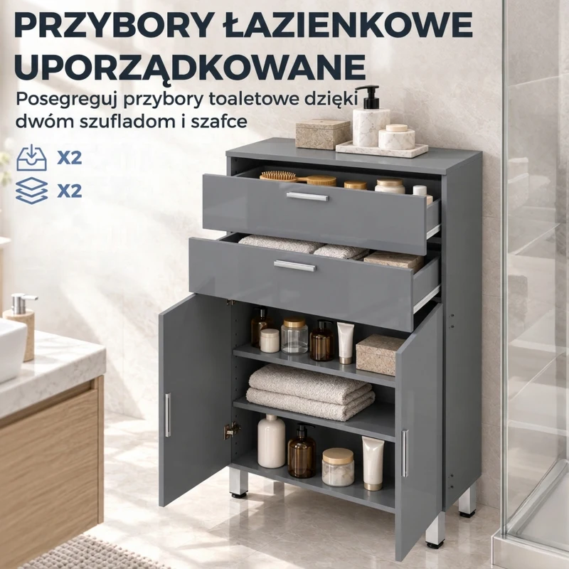 kleankin Szafka łazienkowa, komoda do łazienki, 2 szuflady, regulowana półka, drewno, szara