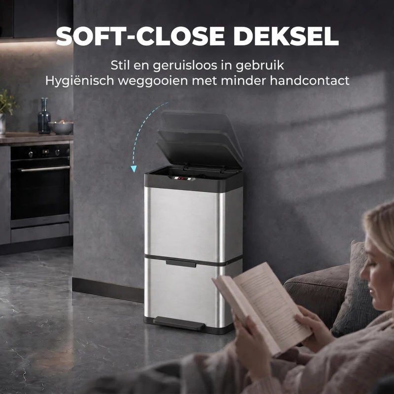 HOMCOM 40L sensorprullenbak, 3 vakken (2 x 12,5L + 15L), met soft-close en openstandfunctie, zilver