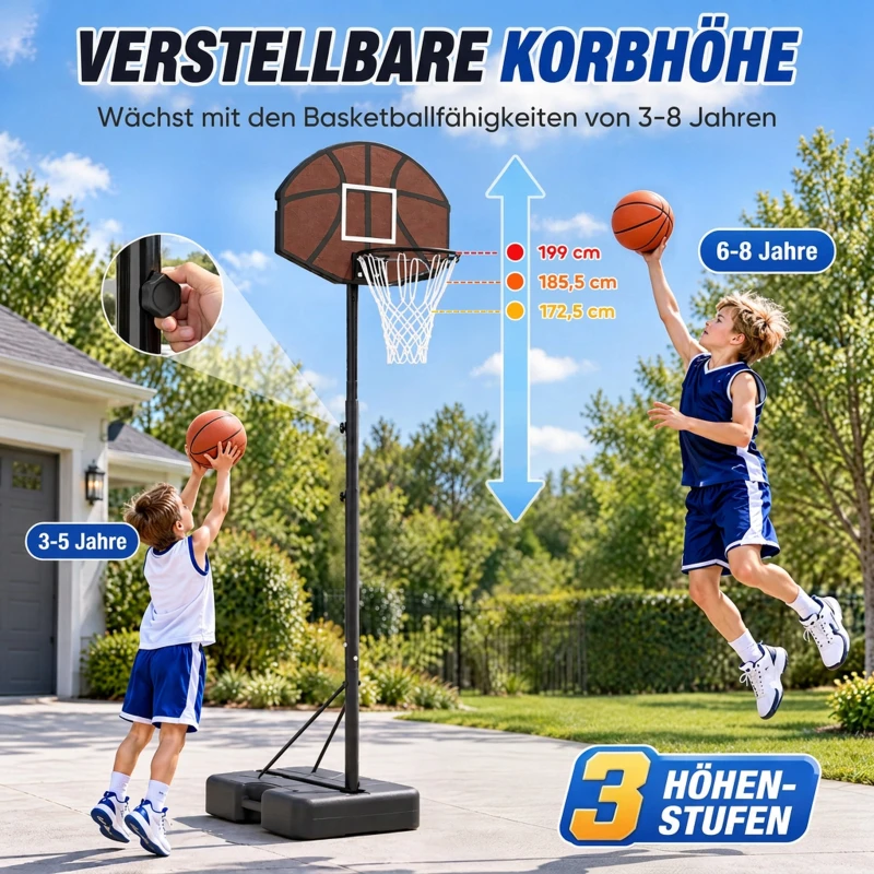 AIYAPLAY Basketballkorb Kinder 172,5-199 cm Höhenverstellbar Basketballständer mit 67 x 45 cm Rückwand Dreibein-Stütze