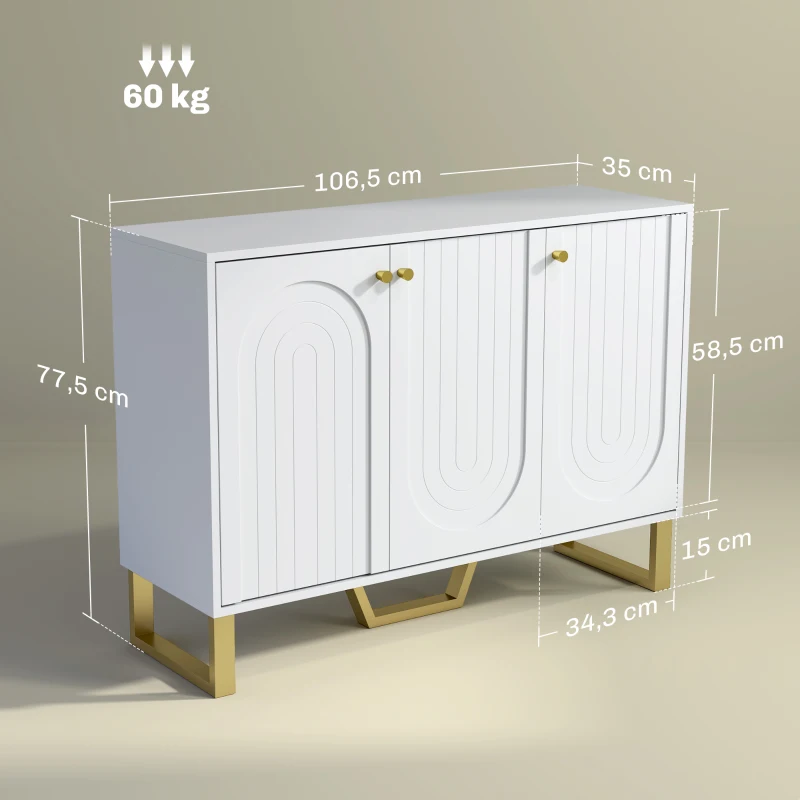 HOMCOM Aparador de 3 Portas Aparador Moderno para Sala de Estar com Prateleiras Ajustáveis Móvel para TV até 50 Polegadas 106,5x35x77,5 cm Branco