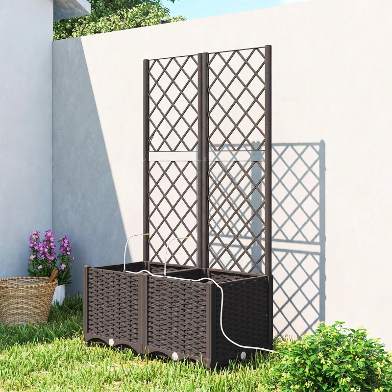 Outsunny Set 2 Orti Rialzati da Esterno con Grigliato, Sistema Irrigazione, Timer, Serbatoio d'Acqua 80x40x136cm Marrone