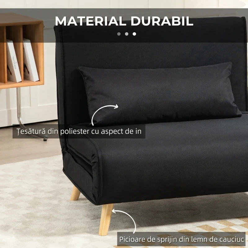 HOMCOM Fotoliu Pat 3 în 1 cu Spătar Reclinabil în 6 poziții, din material textil, 94x78x80 cm, negru(m-5)