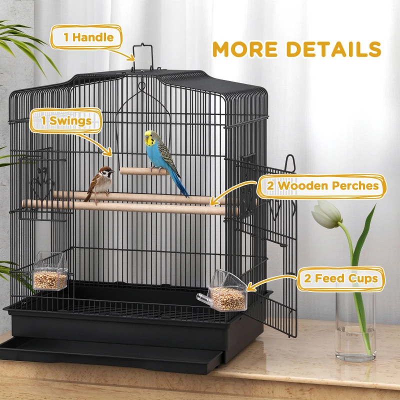 PawHut Large Metal Bird Cage with Perches, Food Bowls, Swing, for Budgies, Finches, Black