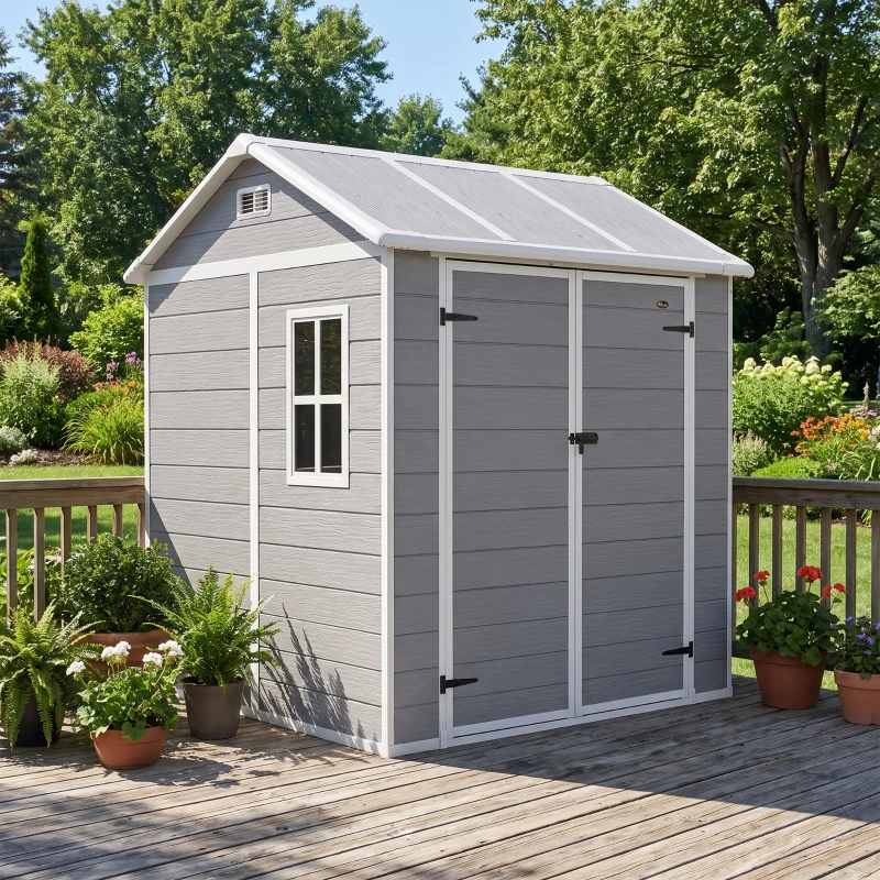 Outsunny 6 x 6ft Garden Shed with Floor, Window, Lockable Doors and Vents, Wood Effect Resin Tool Shed for Outdoor Patio, Grey