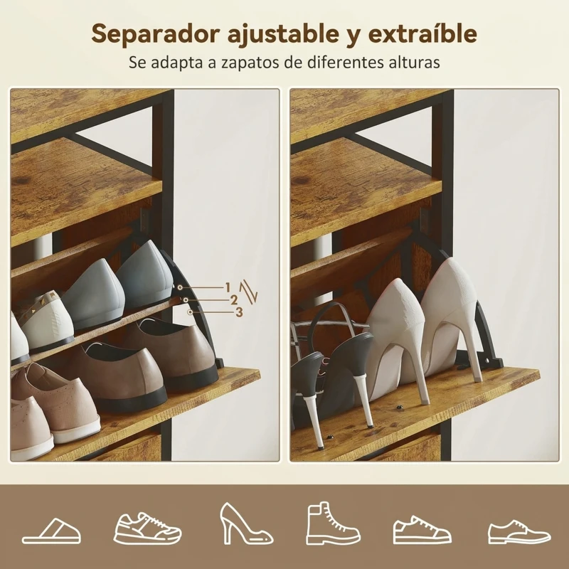 HOMCOM Zapatero Estrecho con 4 Cajones Abatibles Estante Abierto Estantes Ajustables y Encimera 12-20 Pares Marrón Rústico