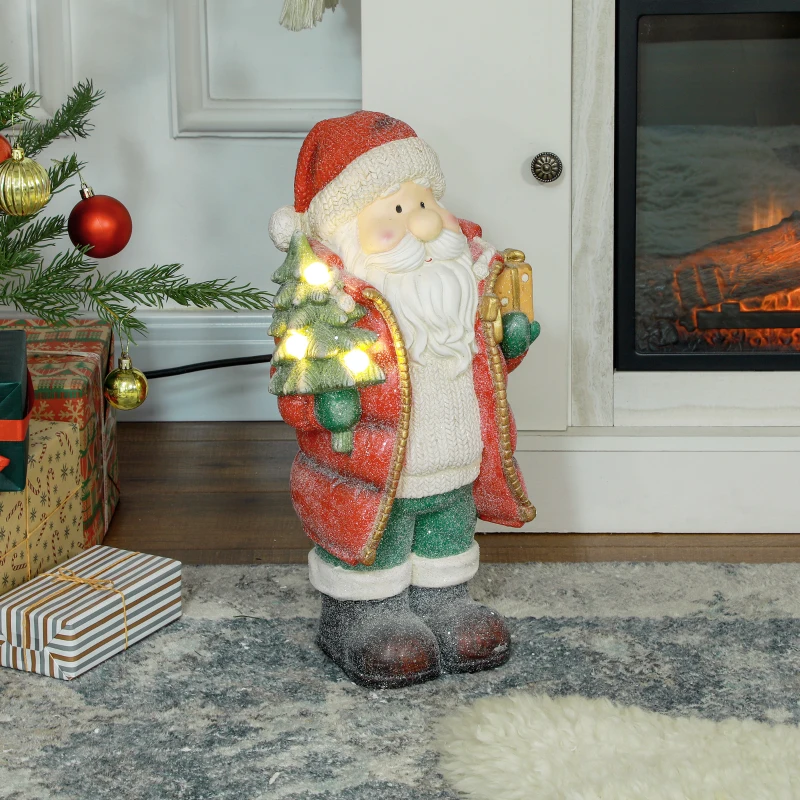 HOMCOM Weihnachtsmannfigur mit Baum und Geschenk, 3 warmweiße LEDs, batteriebetrieben, 50 cm