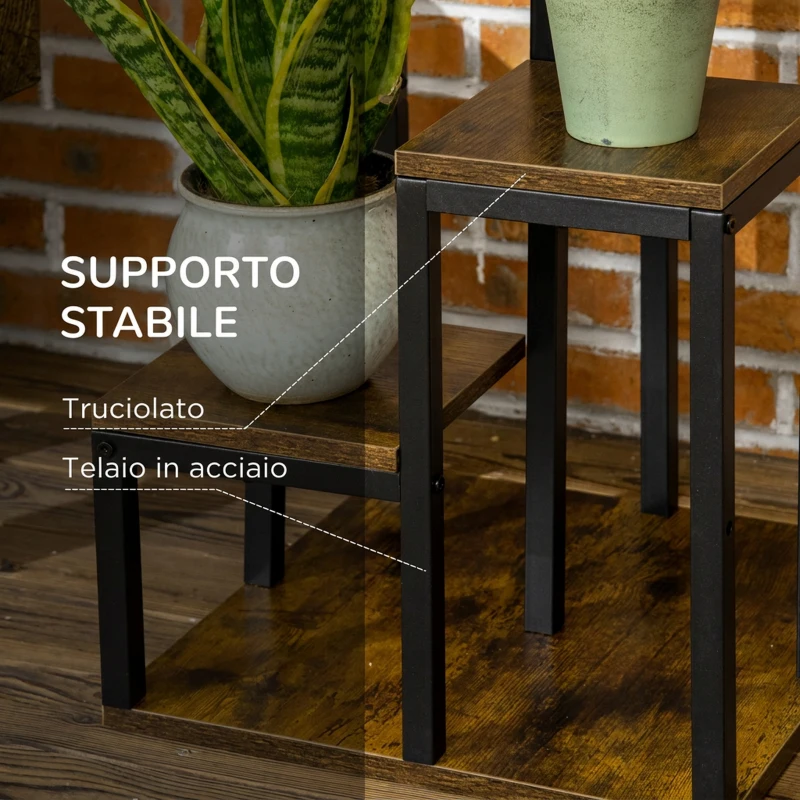 Outsunny Scaffale Porta Piante a 4 Livelli, 40x40x81 cm, per Interni Esterni, Giardino Balcone, Marrone Rustico